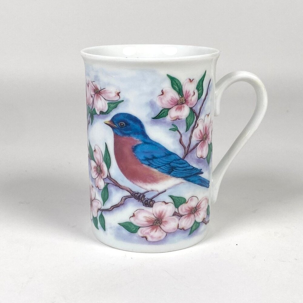 Vintage 1996 Bluebird Dogwood Flowers Coffee Mug Cup Porcelain Cottagecore
